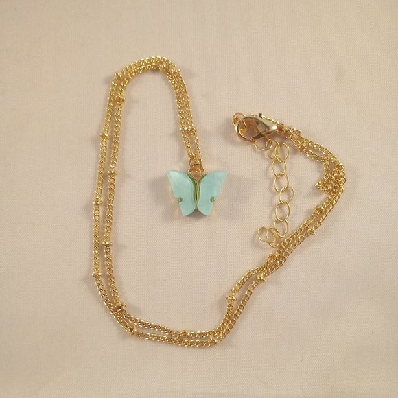 Gold Plated Blue Opal Resin Butterfly Earrings Pendant Necklace Set 18" Gift - Picture 4 of 4